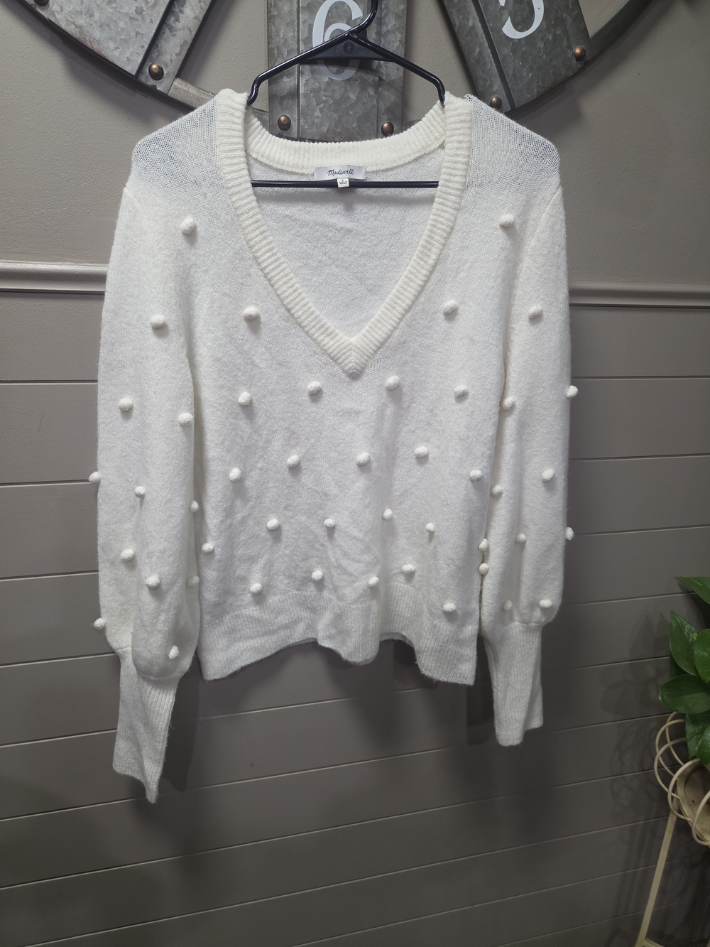Madewell Cream Pom-Pom V-Neck Sweater